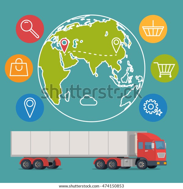  delivery service concept background.
Logistics in business and industry. Vector illustration on global
commercial shipping with cargo semi truck and modern icons on
shopping and E-commerce