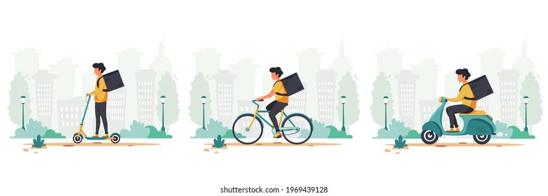 Delivery service concept by electric scooter, bicycle and motorbike. Vector illustration