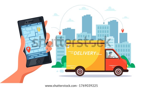 Delivery service concept by truck, courier riding\
by truck, hand holding smartphone with online tracking. Vector\
illustration in flat\
style.