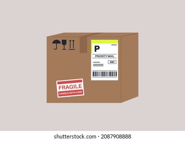 A delivery service concept, a cardboard box with stickers on it, priority mail