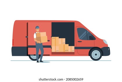 Delivery service concept. Cargo van and courier. Vector illustration.