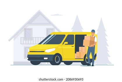 Delivery service concept. Cargo van and courier. Vector illustration.