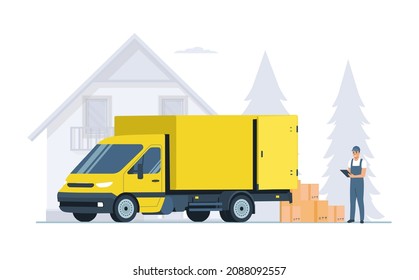 Concepto de servicio de entrega. Cargo van y mensajero. Ilustración vectorial.