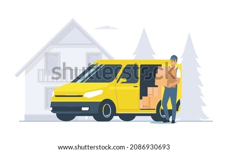 Delivery service concept. Cargo van and courier. Vector illustration.