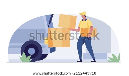 Delivery service concept. cargo van and courier.