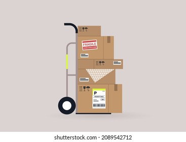 A delivery service concept, a cart with a stack of cardboard boxes on it