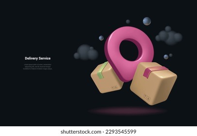 Delivery service concept. Cartoon 3d illustration of Cardboard boxes around the geolocation symbol. Landing page on dark background. Plastic 3D style.