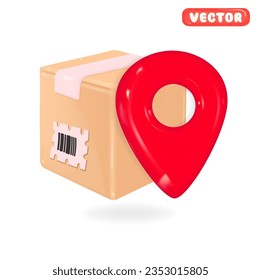 Delivery service concept. Cartoon 3d illustration of Cardboard boxes around the geolocation symbol. Landing page on dark background. Plastic 3D style.