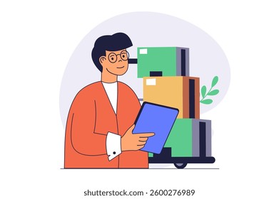 Delivery service concept with cartoon people in flat design for web. Man working as operator in logistic company, managing parcels shipment, storing postal packages at terminal. Vector illustration.
