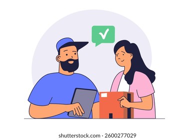 Delivery service concept with cartoon people in flat design for web. Courier shipping package order to woman. Fast parcel shipment to client home. Logistic postal business. Vector illustration.
