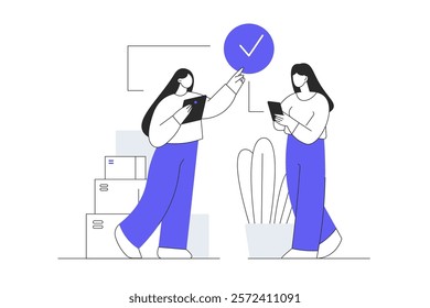 Delivery service concept. Character receives postal parcels in box at home and paying for courier service fast shipping. Flat Cartoon Vector Illustration, icon. Stylish abstract Modern