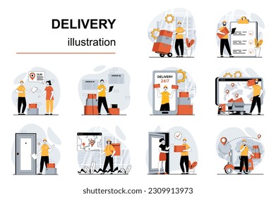 Delivery service concept with character situations mega set. Bundle of scenes people loading boxes at warehouse, delivering parcels to clients, fast shipping. Vector illustrations in flat web design