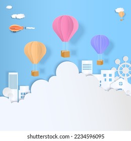 Delivery service concept. Colorful hot air balloon with a carton box flying in the sky. Cloud and a town with space for copy text.