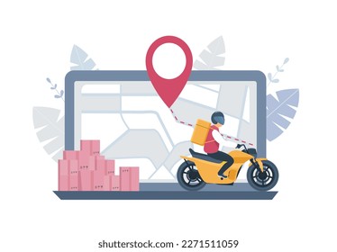 Delivery service concept. Computer, map, boxes and courier on a motorbike. Vector illustration.