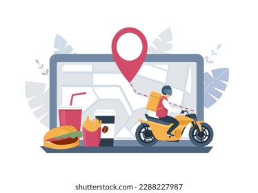 Delivery service concept. Computer, map, food and courier on a motorbike. Vector illustration.