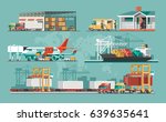 Delivery service concept. Container cargo ship loading, truck loader, warehouse, plane, train. Flat style vector illustration.