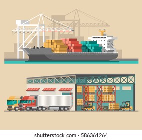 Delivery service concept. Container cargo ship loading, truck loader, warehouse. Flat style vector illustration.