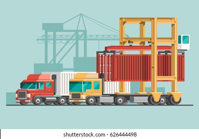 Delivery service concept. Container cargo loading, truck loader, warehouse. Flat style vector illustration.