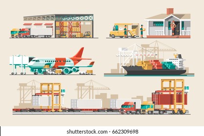 Delivery service concept. Container cargo ship loading, truck loader, warehouse, plane, train. Flat style vector illustration.