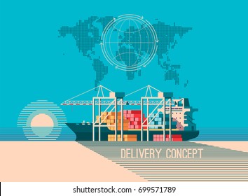 Delivery service concept. Container cargo ship loading, truck loader, warehouse. Flat style illustration.