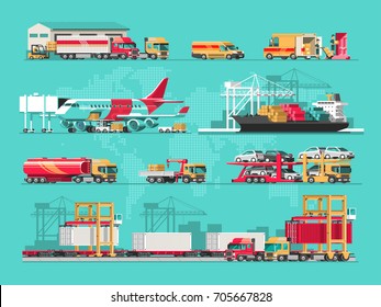 Delivery service concept. Container cargo ship loading, truck loader, warehouse, plane, train. Flat style vector illustration.