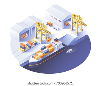 Delivery service concept. Container cargo ship loading, truck loader, warehouse. Isometric vector illustration.