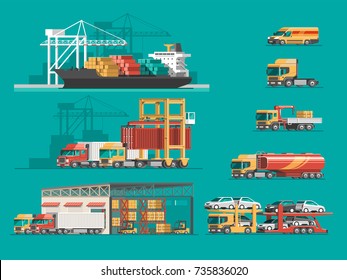 Delivery service concept. Container cargo ship loading, truck loader, warehouse, plane, train. Flat style vector illustration.