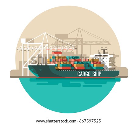 Delivery service concept. Container cargo ship loading, sea freight. Flat style vector illustration.