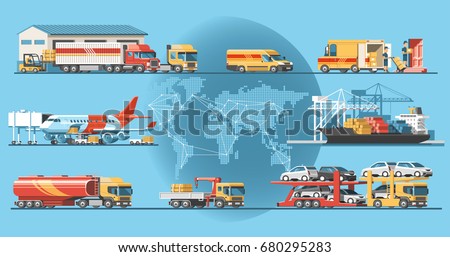 Delivery service concept. Container cargo ship loading, truck loader, warehouse, plane, train. Flat style vector illustration.
