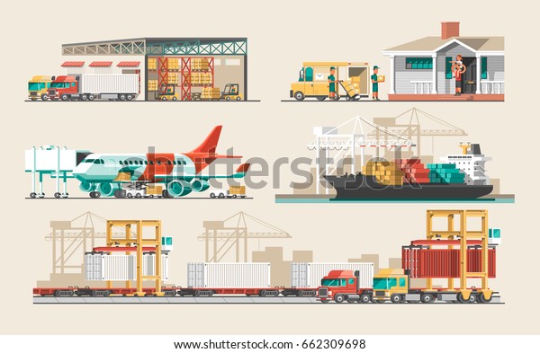 Delivery service concept. Container cargo\
ship loading, truck loader, warehouse, plane, train. Flat style\
vector illustration.