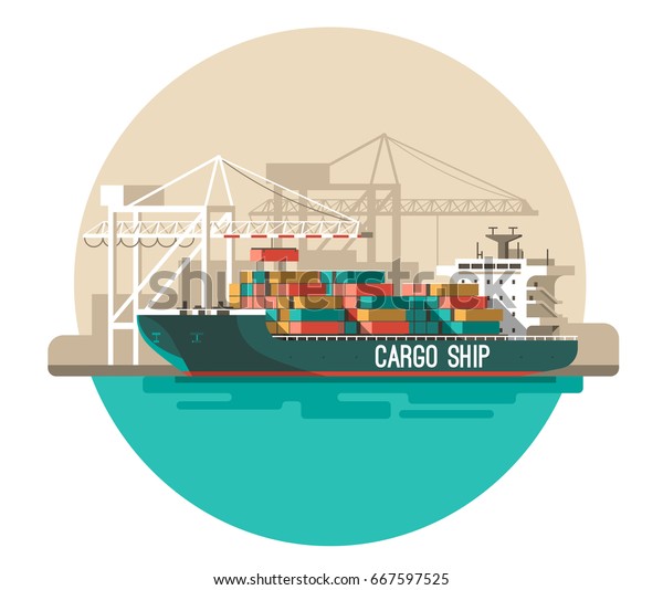 Delivery service concept.\
Container cargo ship loading, sea freight. Flat style vector\
illustration.