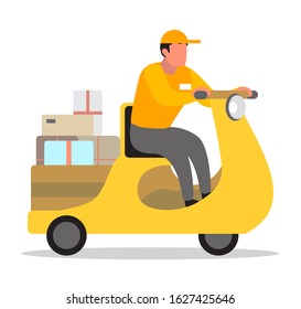 Delivery service concept. Courier with box on moped. Person in uniform on scooter. Isolated flat vector illustration