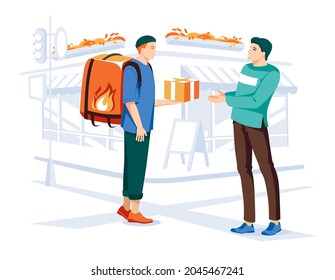 Delivery service concept. Courier carries boxes for a young man on the street. Flat cartoon colorful illustration. Old street city with cafe and shops. Isolated on white background
