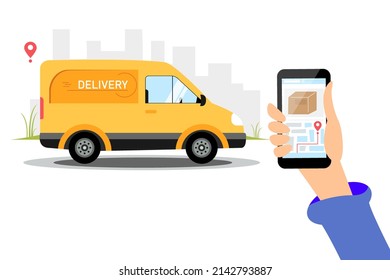 Delivery service concept. The courier carries food, goods to the address. Character hand holding smartphone with location. Vector illustration.