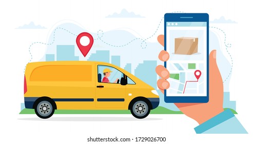 Delivery service concept, courier character riding yellow delivery car, hand holding smartphone with location. Vector illustration in flat style