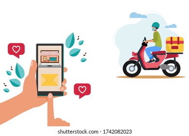Delivery service concept, courier character riding a red delivery motorcycle, hand holding smartphone with order. Shop online. Big city. Village. Vector illustration in a flat style.