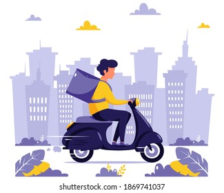 Delivery service concept. Courier character riding scooter. City background. Vector illustration