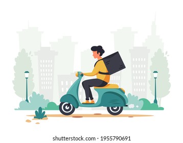 Delivery service concept. Courier character riding scooter. City background. Vector illustration