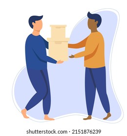 Delivery service concept, courier character holding two boxex and give it to another person from work.illustration in flat style. People help.