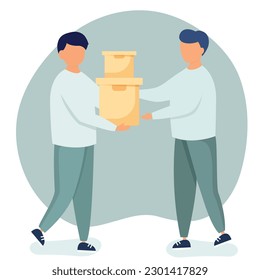 Delivery service concept, courier character holding two boxex and give it to another person from work.illustration in flat style. People help.