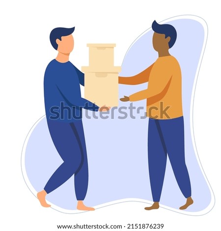 Delivery service concept, courier character holding two boxex and give it to another person from work.illustration in flat style. People help.