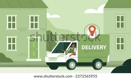 Delivery service concept. Courier driver in delivery truck standing in front of customer house door. Vector illustration
