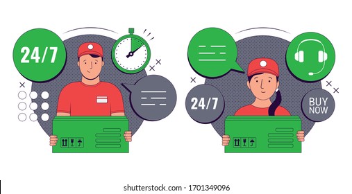 Delivery Service Concept. Courier holding a parcel. Fast Delivery. Scooter with courier. Vector illustration
