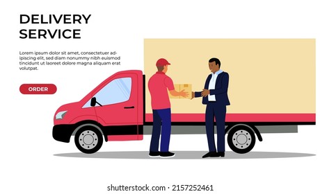 Delivery service concept with courier, parcel, customer and truck. Horizontal web banner in flat design vector illustration