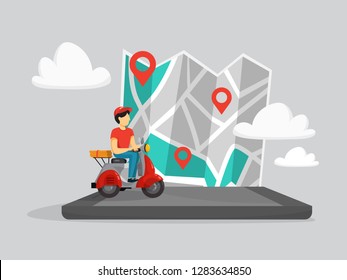 Delivery service concept. Courier with pizza on moped. Person in uniform on scooter. Isolated flat vector illustration