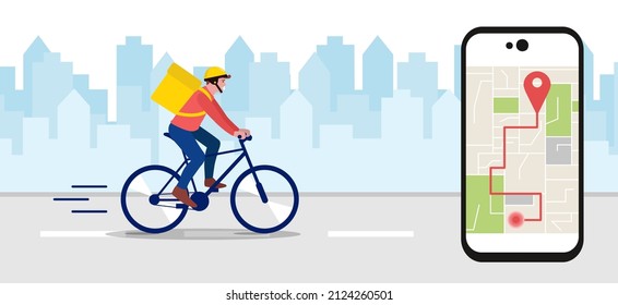 Delivery Service Concept. Courier Rides A Bike On The Navigator. Navigation Map With A Pin On The Smartphone Screen. Urban Landscape In A Flat Style. Vector Cartoon Illustration