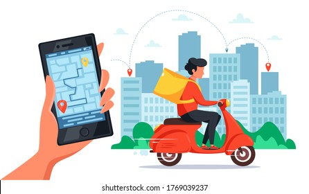 Delivery service concept. Courier riding by scooter with delivery box, hand holding smartphone with online tracking. Vector illustration