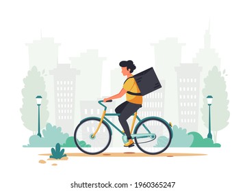 Delivery service concept. Courier riding by bicycle. City background. Vector illustration