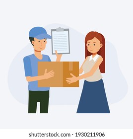 Delivery service concept, Deliveryman delivered the box to woman customer. Flat vector cartoon illustration