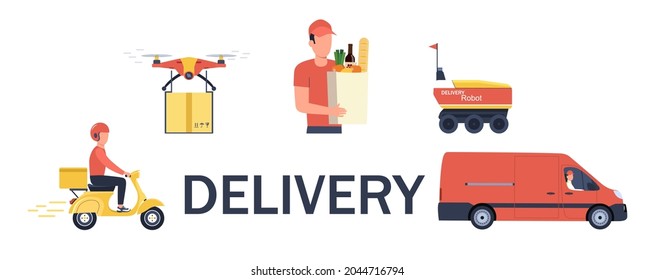 Delivery service concept with different vehicles, people and drones. Vector illustration.